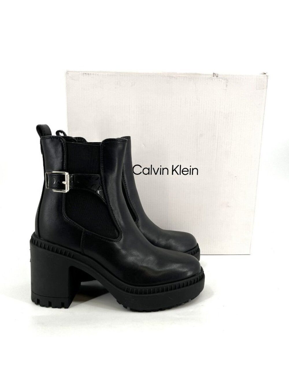 Calvin Klein Fayth 2 Ankle Boots Black Size 6M Faux Leather Buckle Lug Sole